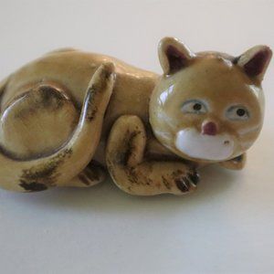 Vintage Light Brown Clay Cat Figurine with Blue Eyes Made in China